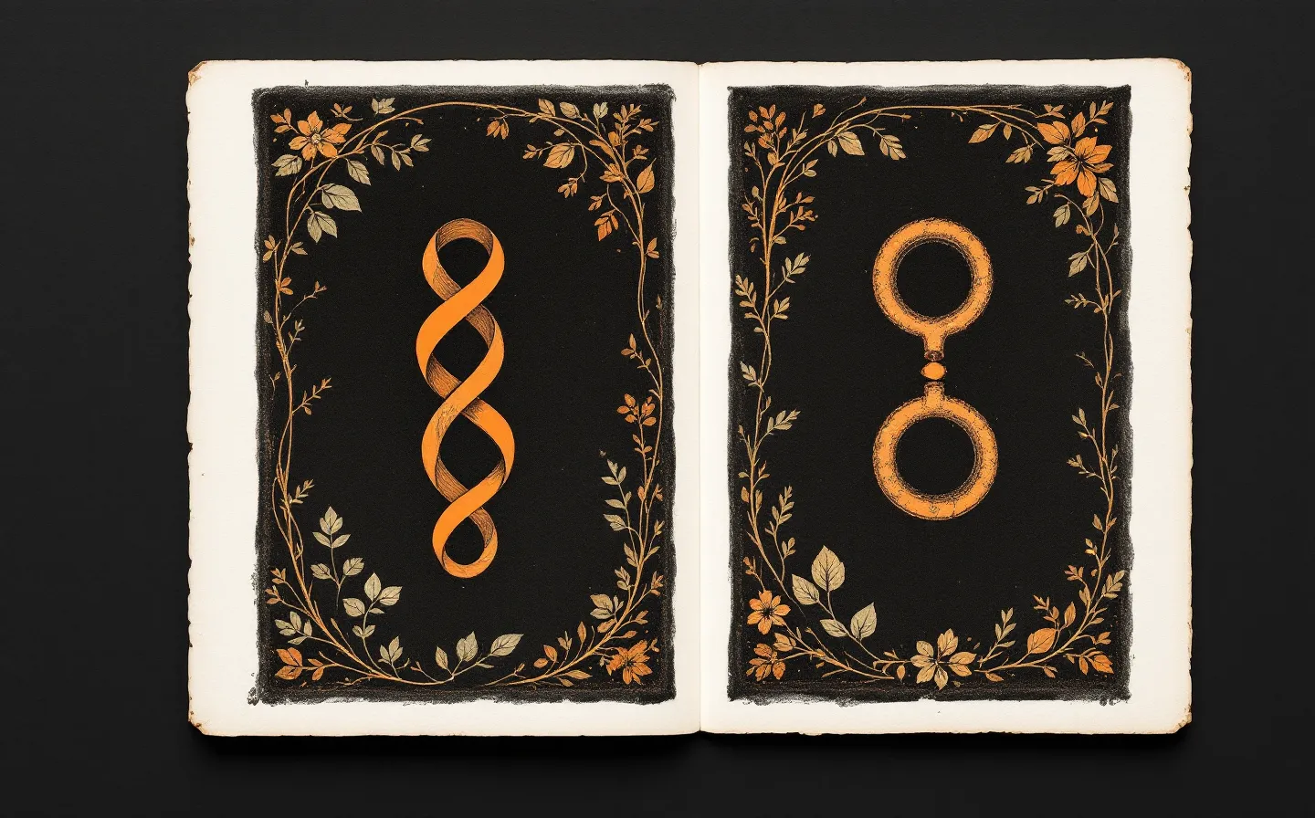 A warm kiln-fired diptych of two abstract peptide molecular emblems under a quiet botanical accent in burnt orange and goldenrod on a deep warm-charcoal plate